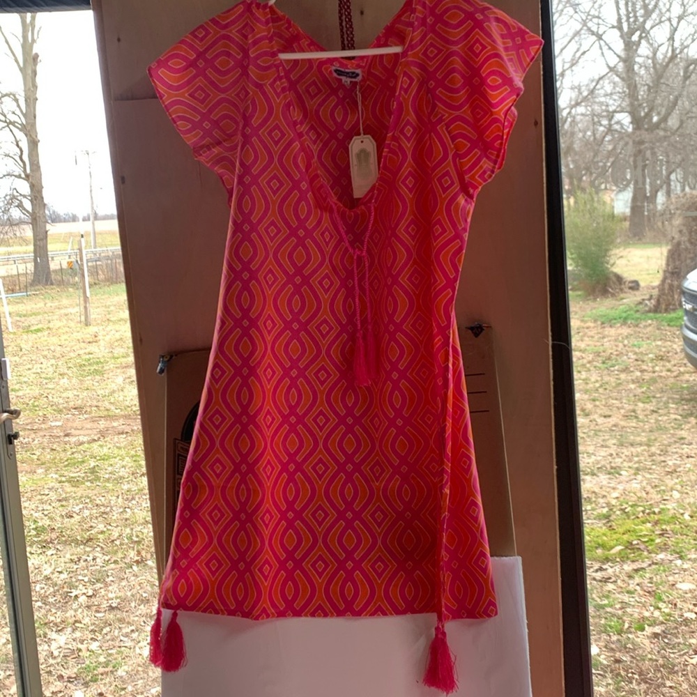 Taylor, Flutter sleeve, red and orange dress with tassels